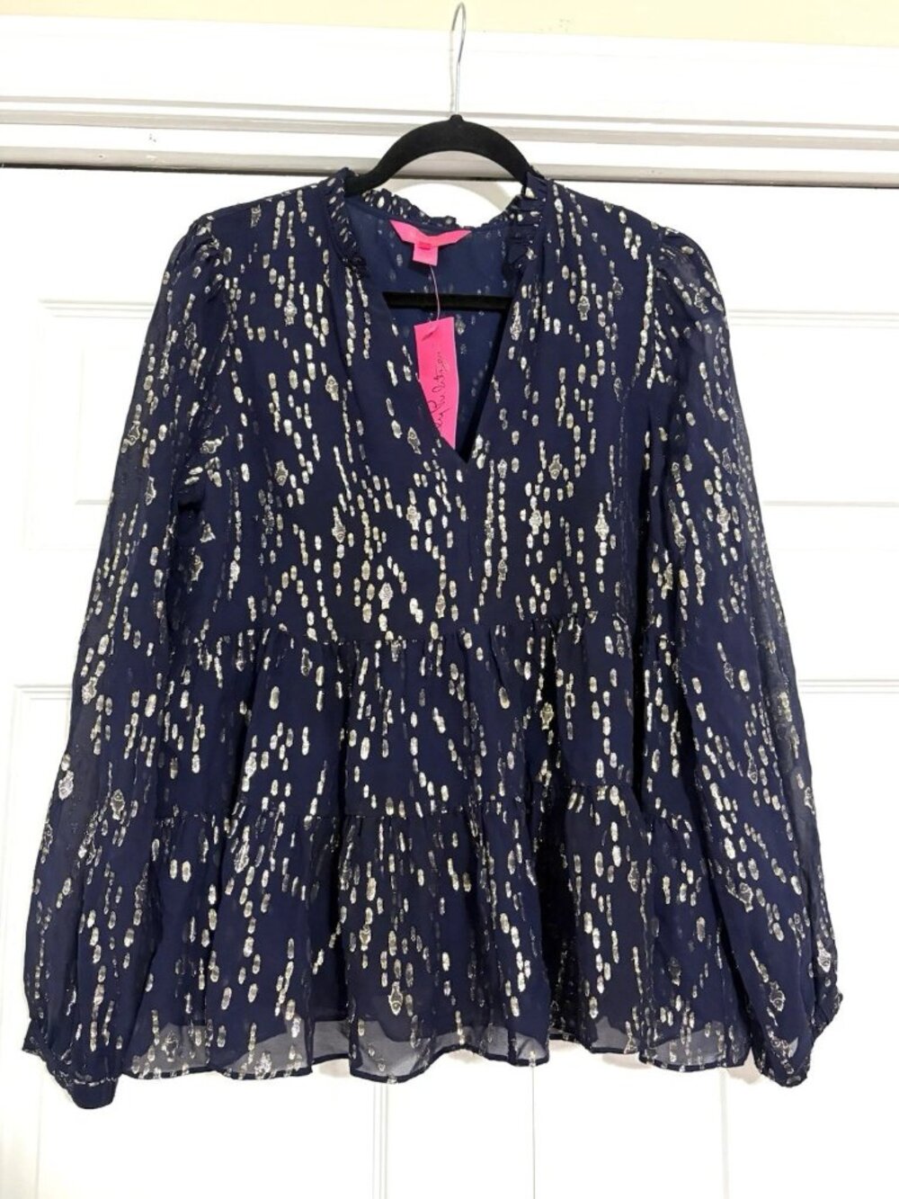 Lilly Pulitzer Sarita Long Sleeve Silk Top Women's Size 8 True Navy NWT